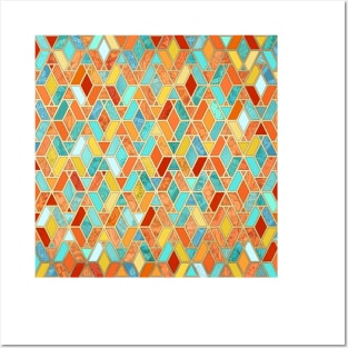 Tangerine & Turquoise Geometric Tile Pattern Posters and Art